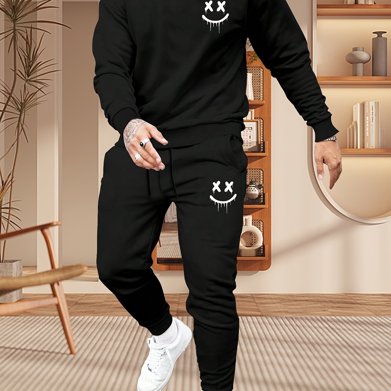 Conjunto de chándal casual para hombre de poliéster con estampado de dibujos animados, sudadera de cuello redondo y pantalones jogger