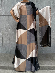 Women's Plus Size Geometric Print Kaftan Dress Short Sleeve Summer Casual Beige Black White