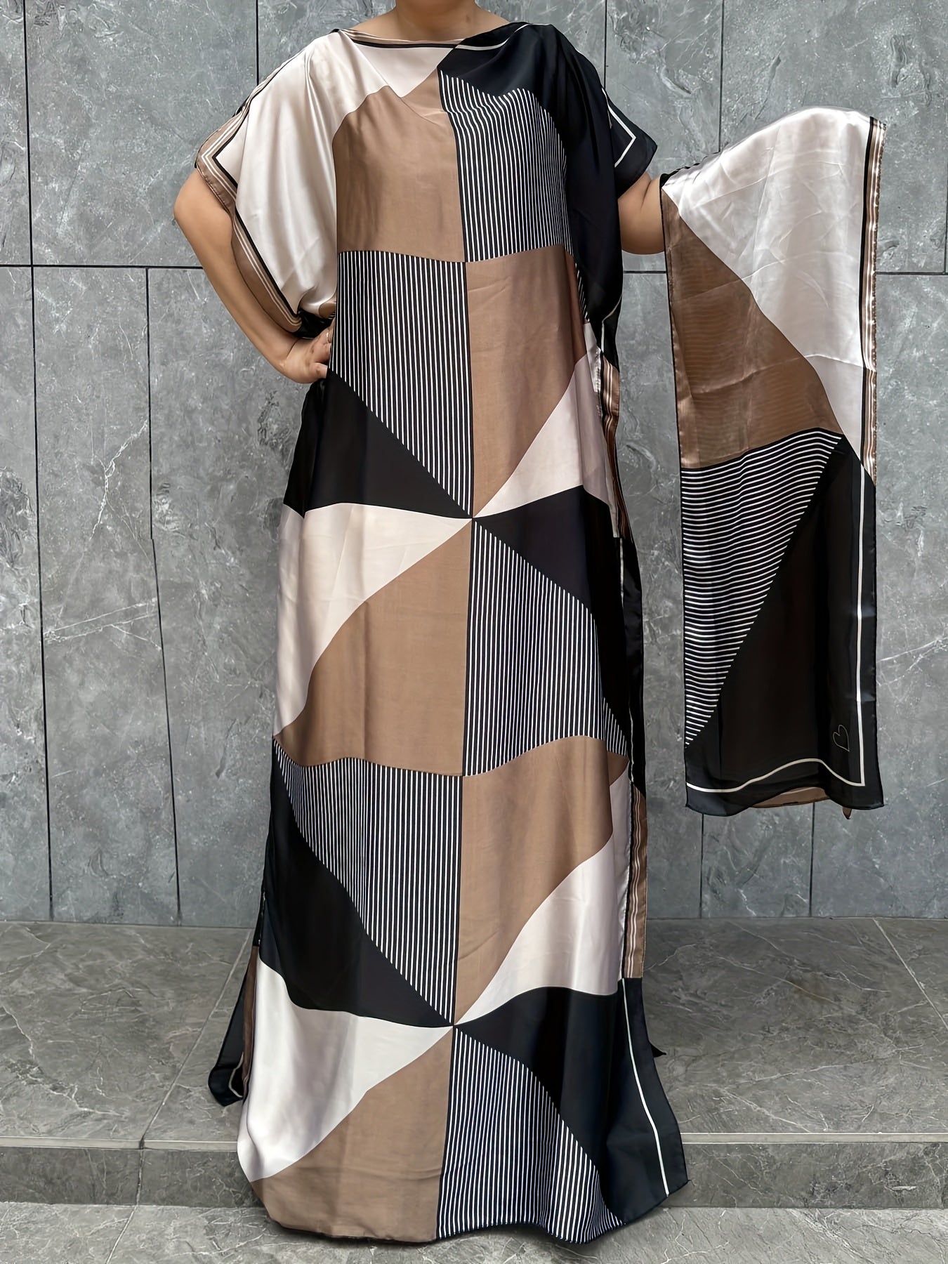 Women's Plus Size Geometric Print Kaftan Dress Short Sleeve Summer Casual Beige Black White