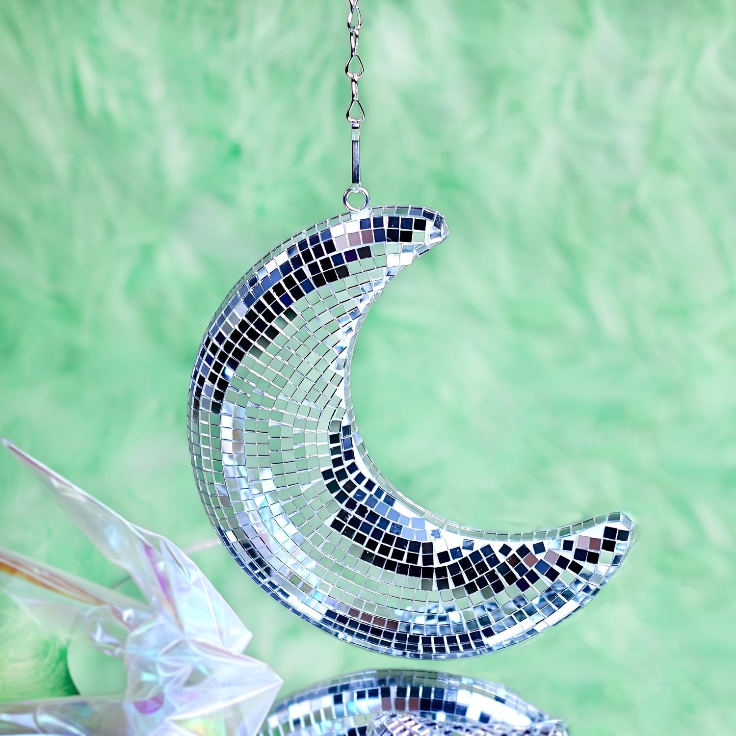 Silver Moon-Shaped Disco Ball Ornament for Home and Party Decor