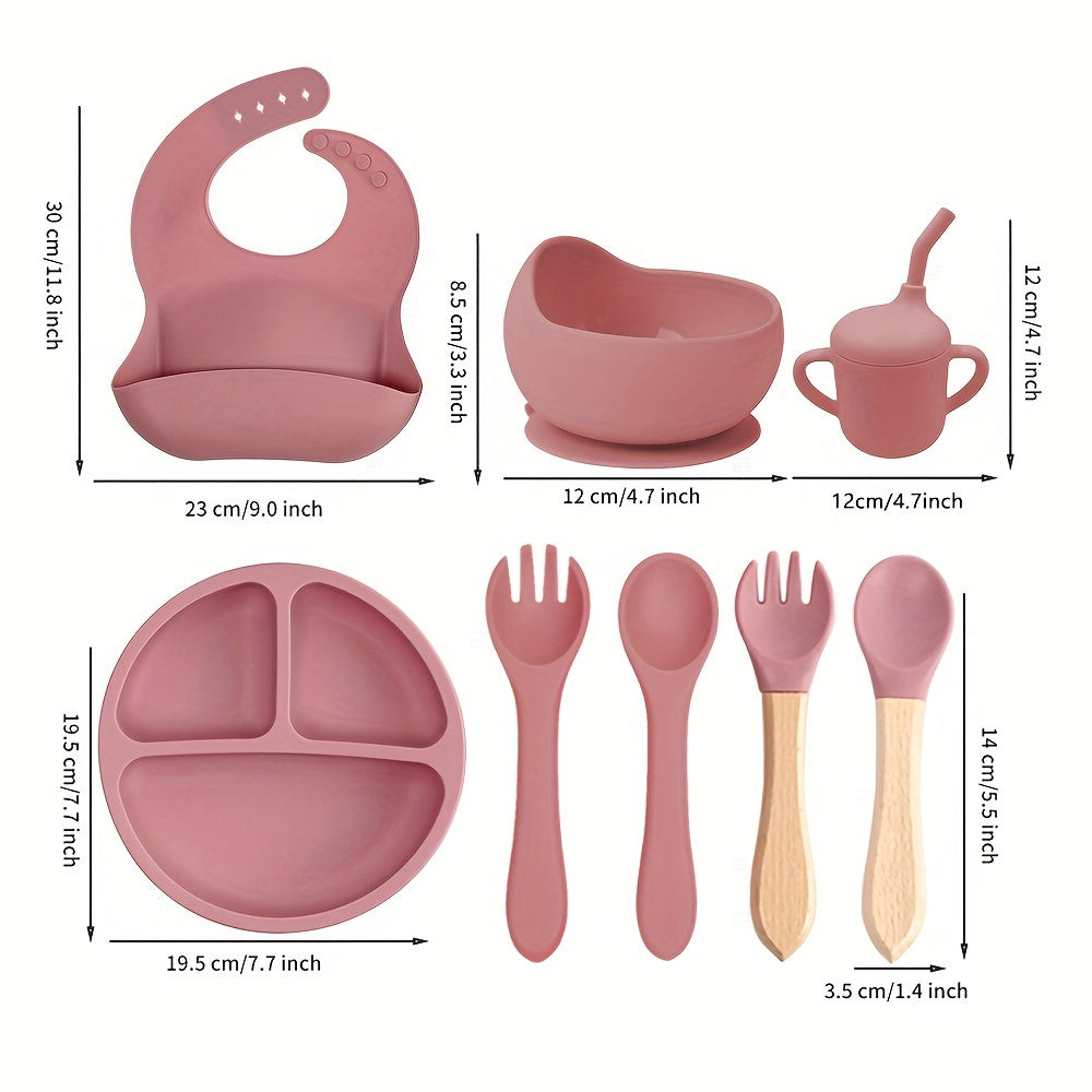 8-Piece Silicone Toddler Feeding Set Non-Toxic BPA-Free Suction Plates Bibs Straw Cups Utensils