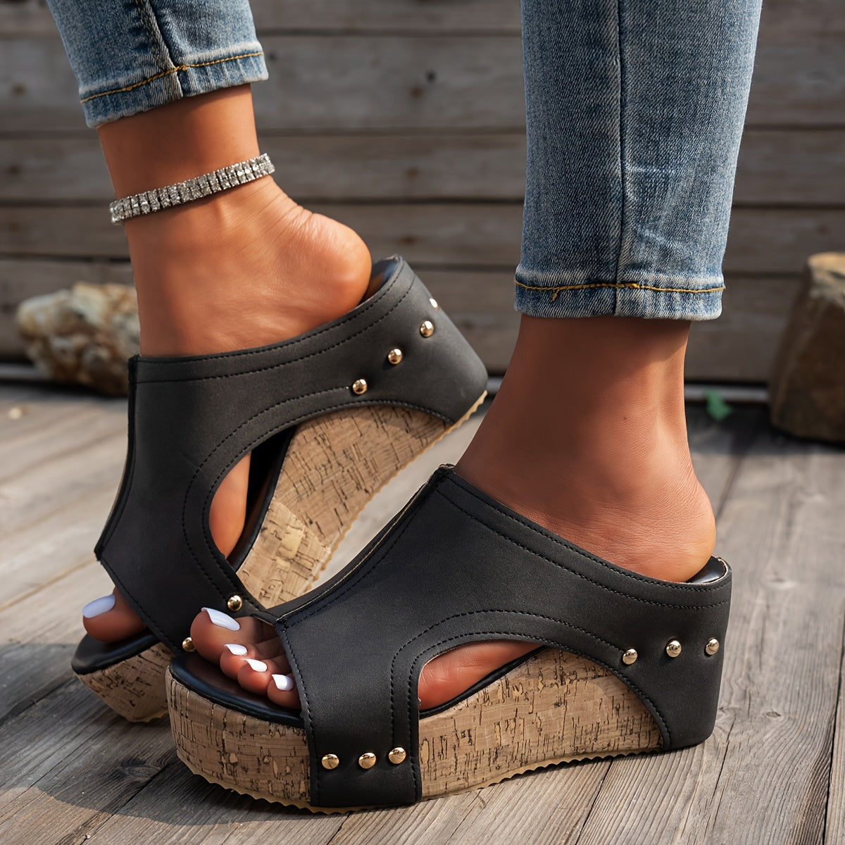 Women's Faux Leather Wedge Sandals Open Toe Slip-On Platform Shoes