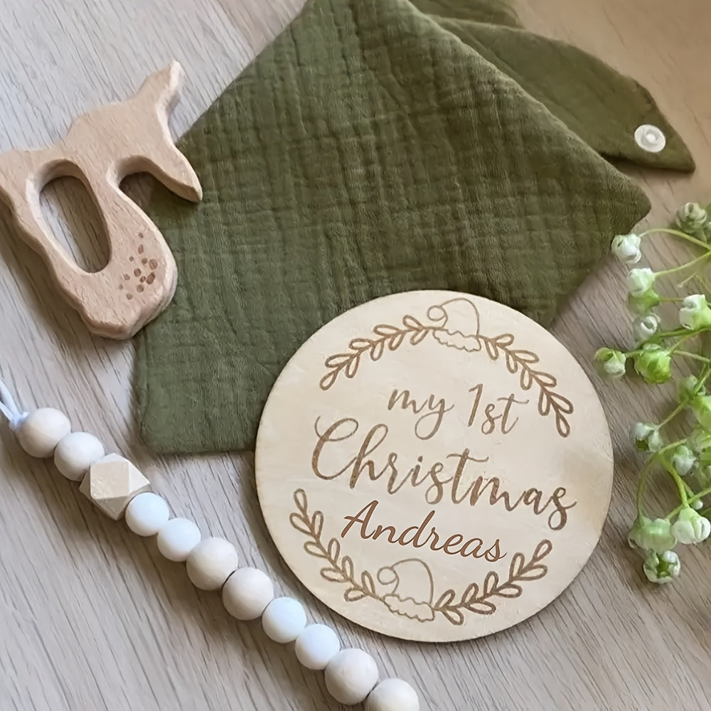 Cartel de hitos de madera personalizado para la primera Navidad del bebé, recuerdo redondo de vacaciones
