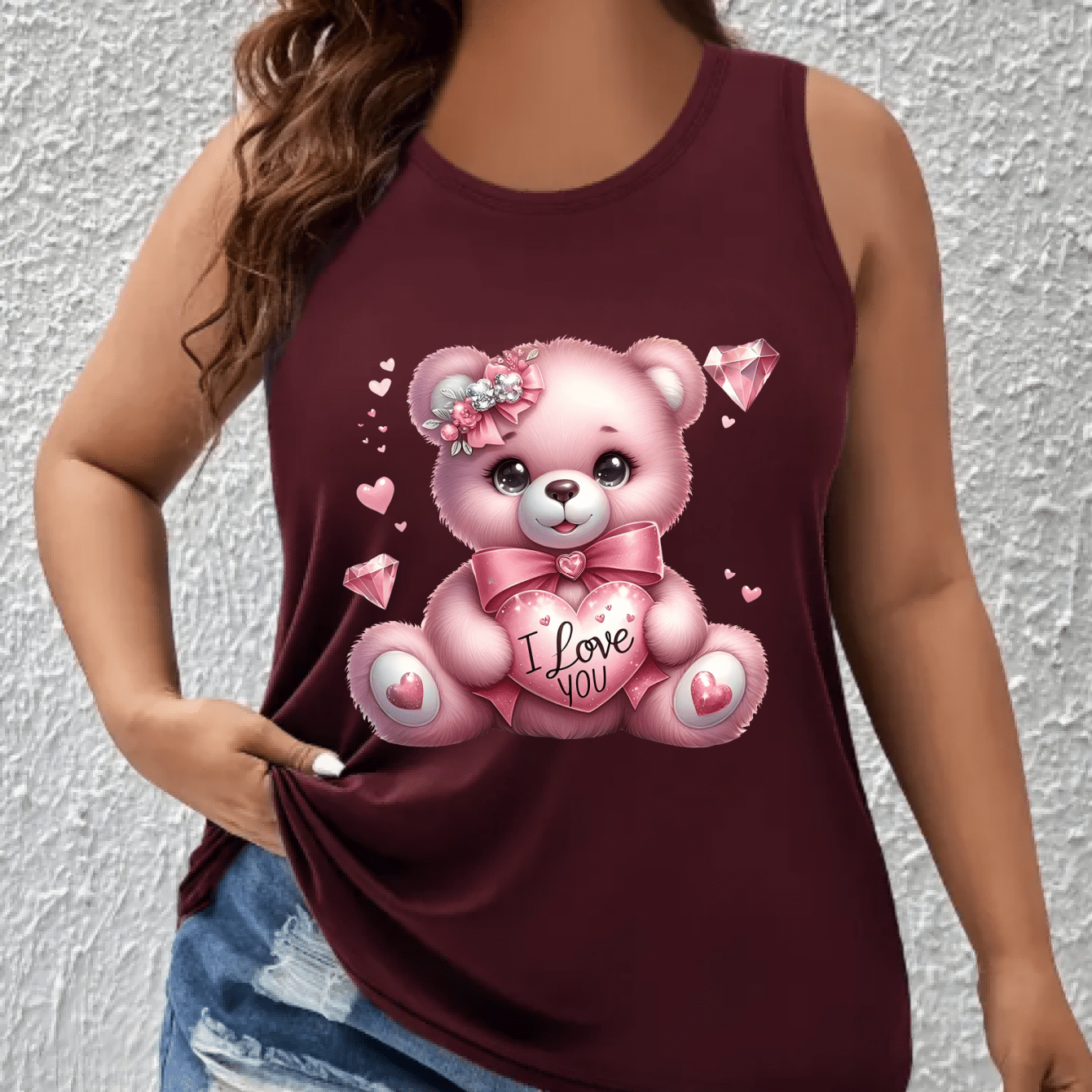 Women's Plus Size Cotton Blend Tank Top Cute Cartoon Bear Pink Sleeveless Shirt