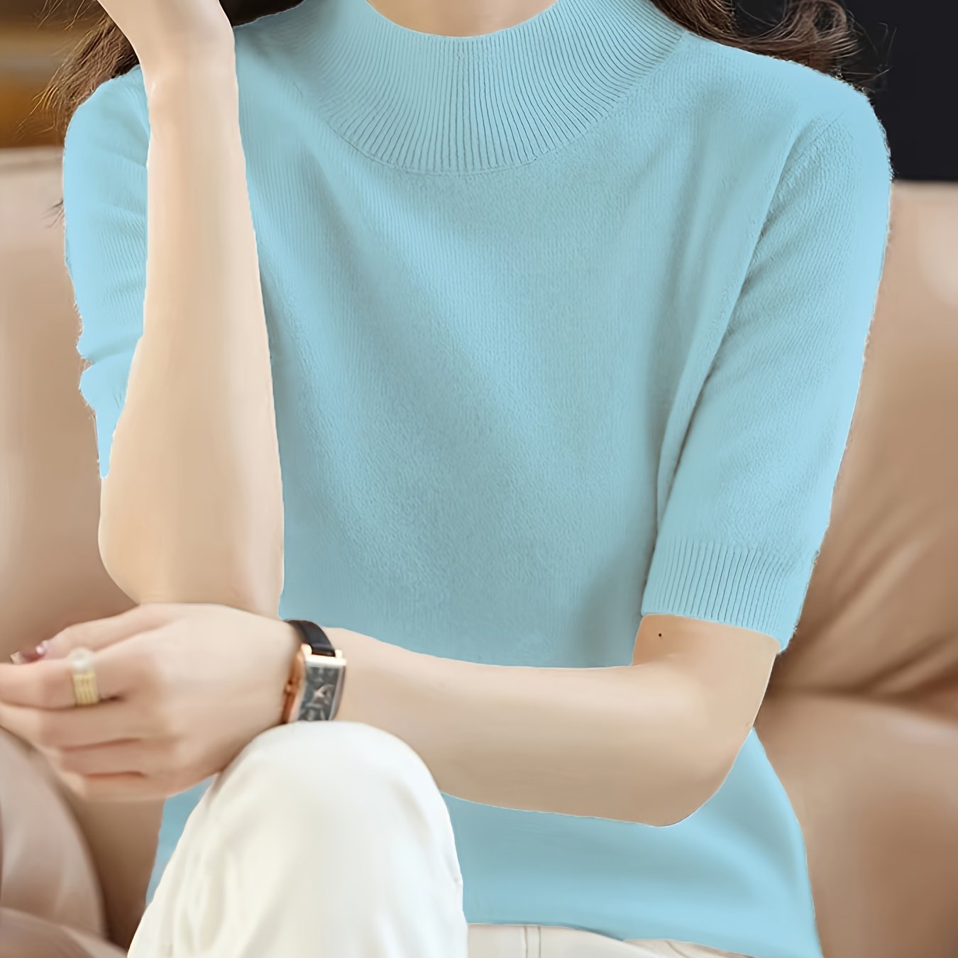 Suéter de punto para mujer con cuello alto de canalé, color sólido, para todas las estaciones