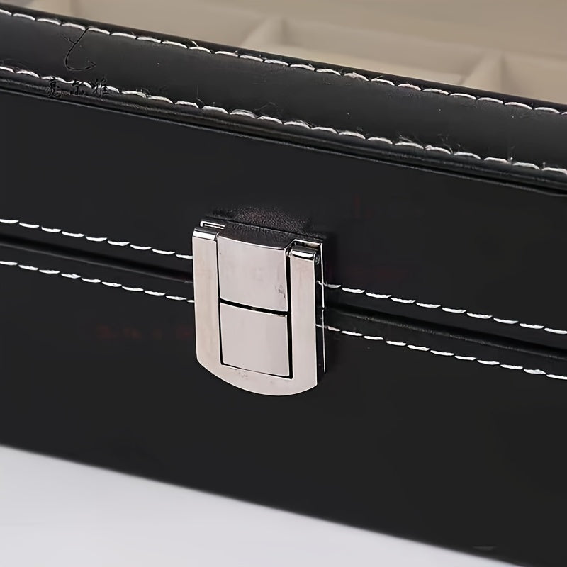 12 bo'limli sun'iy charm soat qutisi, shisha qopqoq bilan, samoviy mato bilan qoplangan, qora zargarlik tashkilotchisi