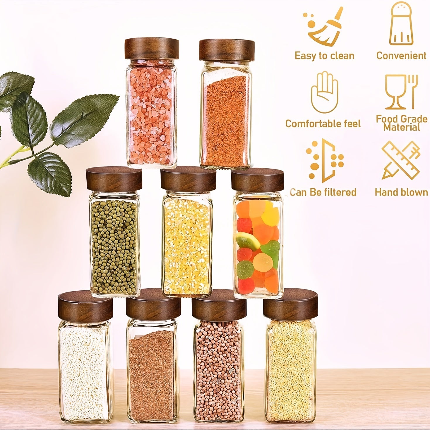Set of 6 12 or 24 Glass Spice Jars with Sandalwood Lids 120ml Kitchen Organization