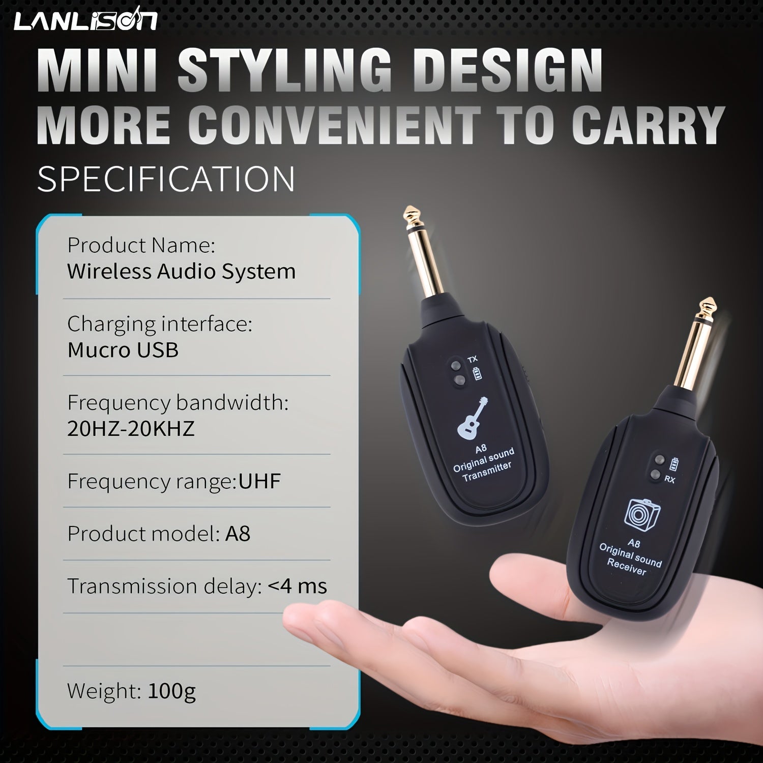 Transmisor de audio inalámbrico para guitarra eléctrica, bajo, instrumentos de viento, carga USB, negro