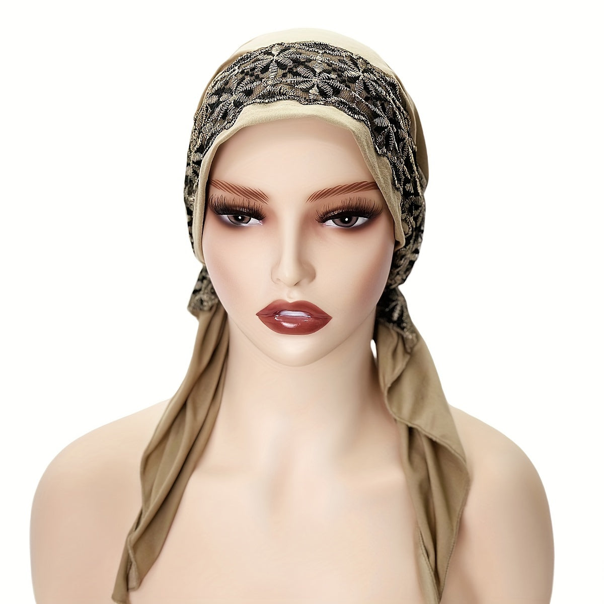 Black Elastic Chemo Hat with Embroidered Turban Design and Tails