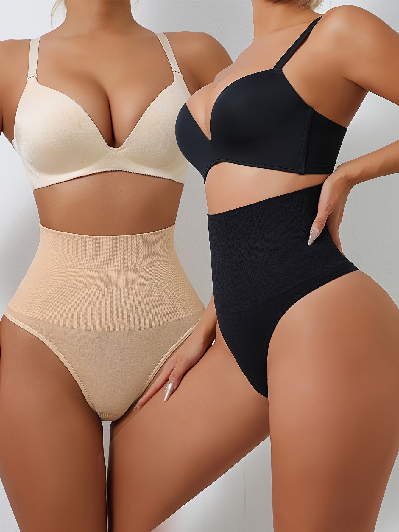 High-Waisted Geometric Knit Shapewear Thong for Women Tummy Tuck Butt Lift Black Skin Tone
