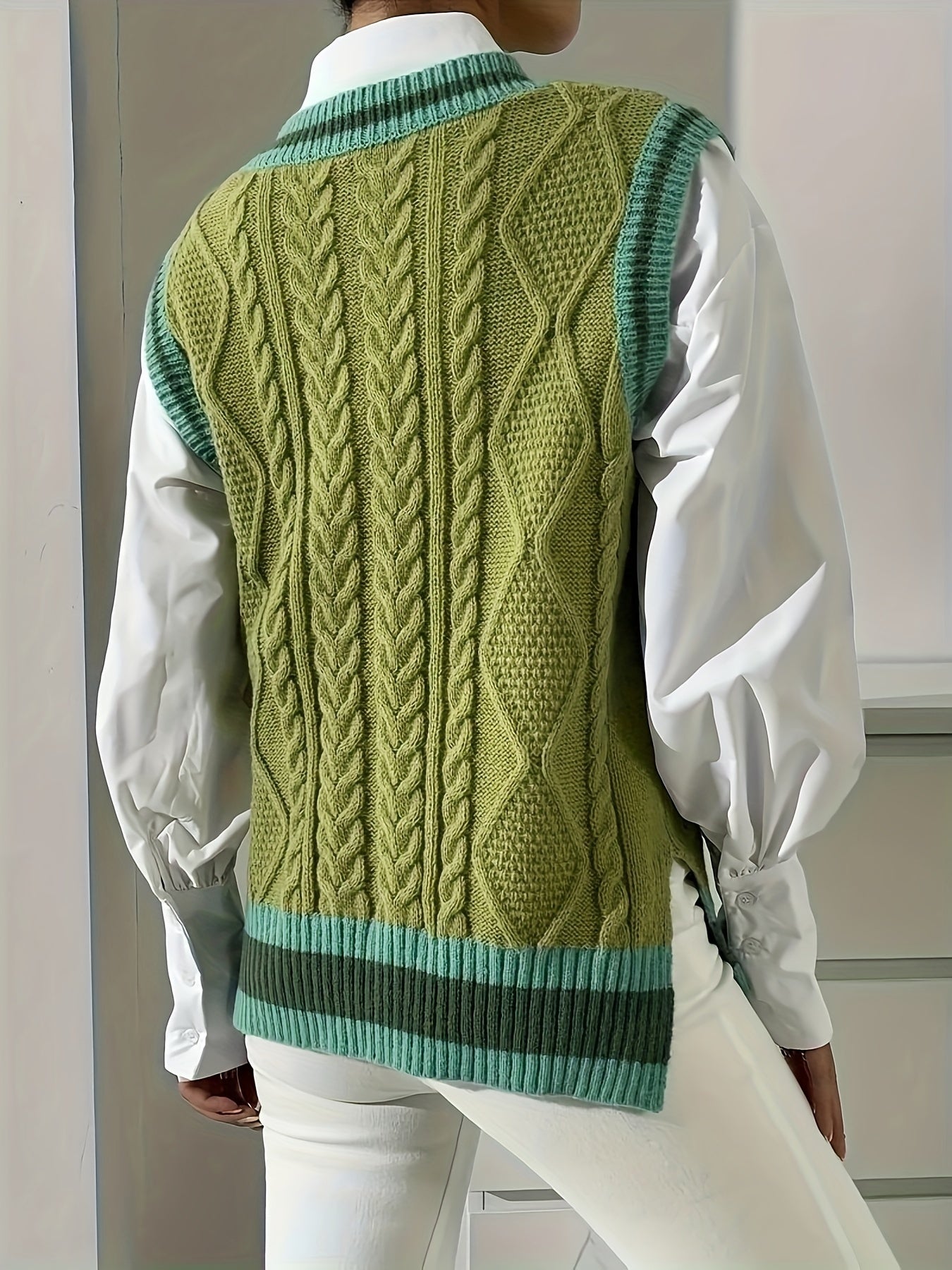 Women's Cable Sweater Vest Textured Knit Colorblock V-Neck Sleeveless Fall Layering