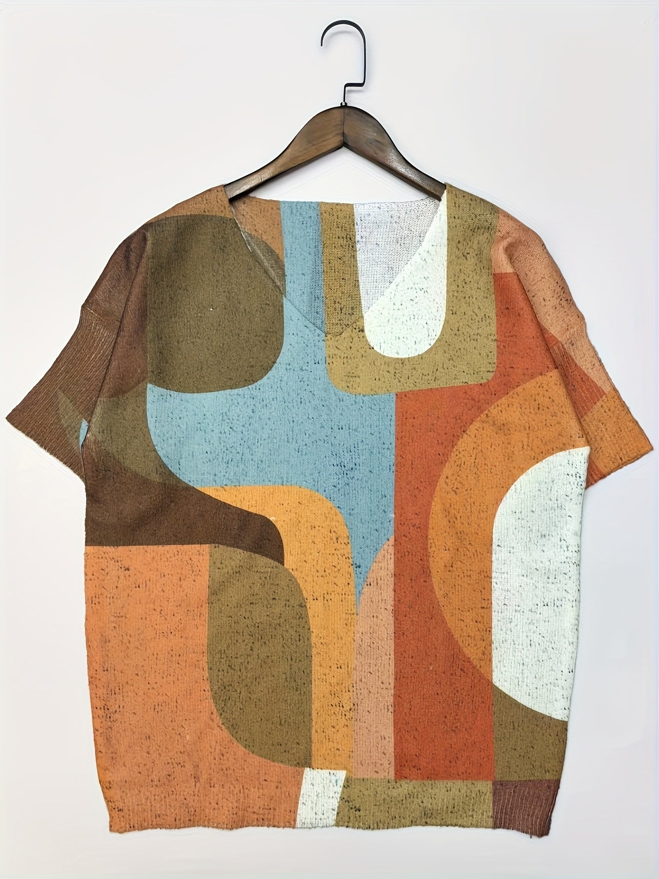 Топ женский с V-образным вырезом, длина миди, с рукавами, крупным геометрическим абстрактным принтом