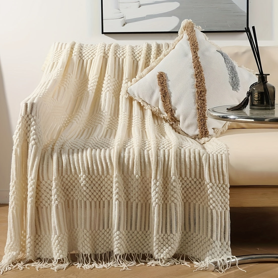 Textured Knit Throw Blanket 127x152cm Soft Solid Couch Sofa Decor
