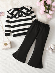 Girls' Casual Clothing Set with Striped Long Sleeve Top and Black Bell Bottom Pants for Fall Winter