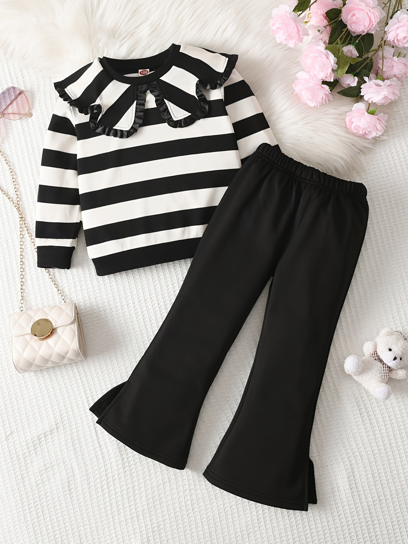 Girls' Casual Clothing Set with Striped Long Sleeve Top and Black Bell Bottom Pants for Fall Winter