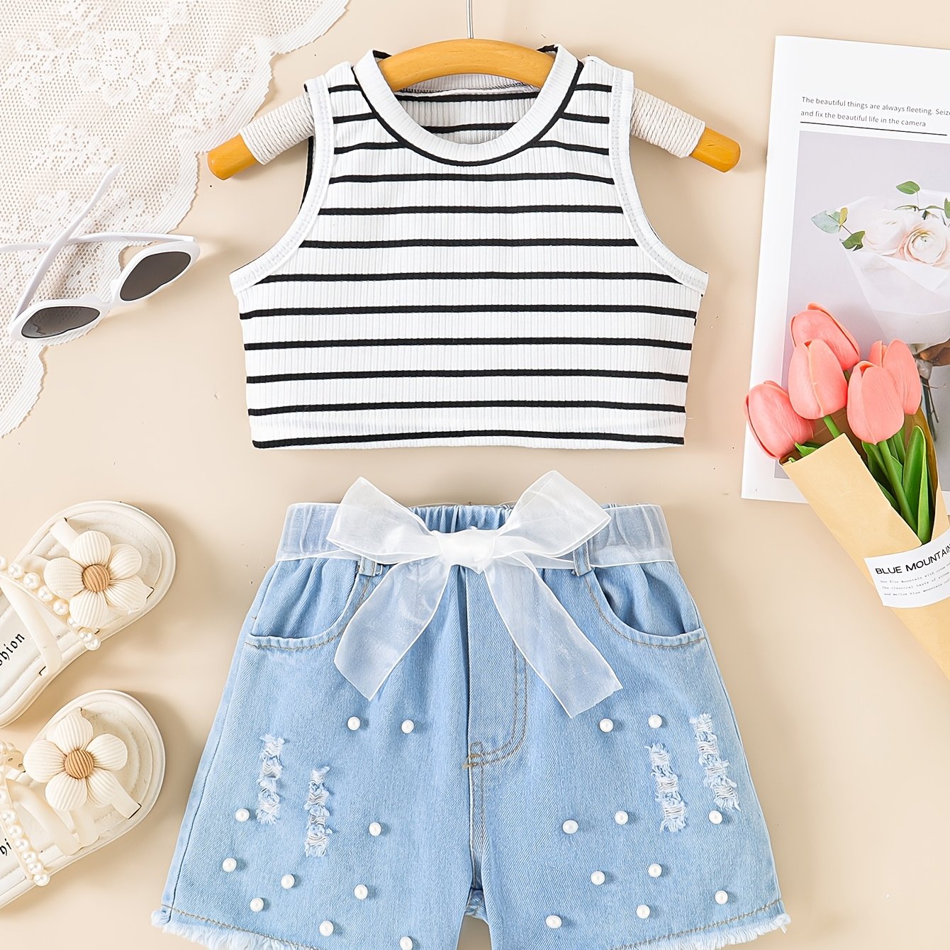 Qizlar uchun tank top va marvarid dizaynli shortlar to'plami, yozgi har kuni kiyish uchun mukammal. Qizlar uchun ajoyib sovg'a g'oyasi.