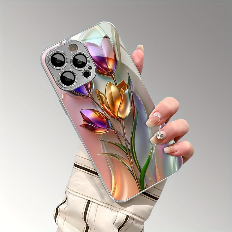 Funda de teléfono de vidrio con patrón de tulipán 3D colorido y protección para lente para modelos de iPhone, protección contra caídas, vidrio templado