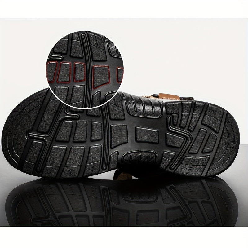 Sandalias de playa de cuero para hombre con punta abierta y suela deportiva gruesa, correas ajustables