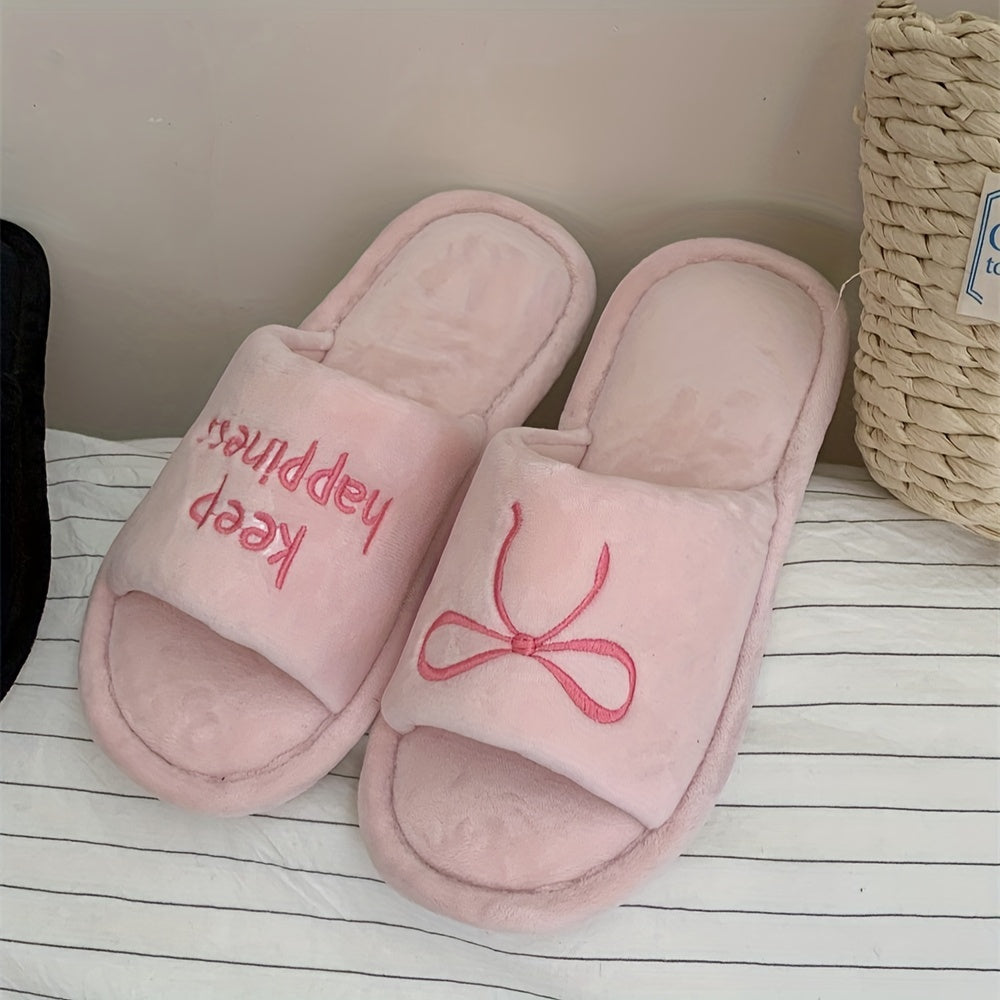 Women's Winter Slip-On Slippers Soft Fabric Indoor House Shoes in Black and Beige