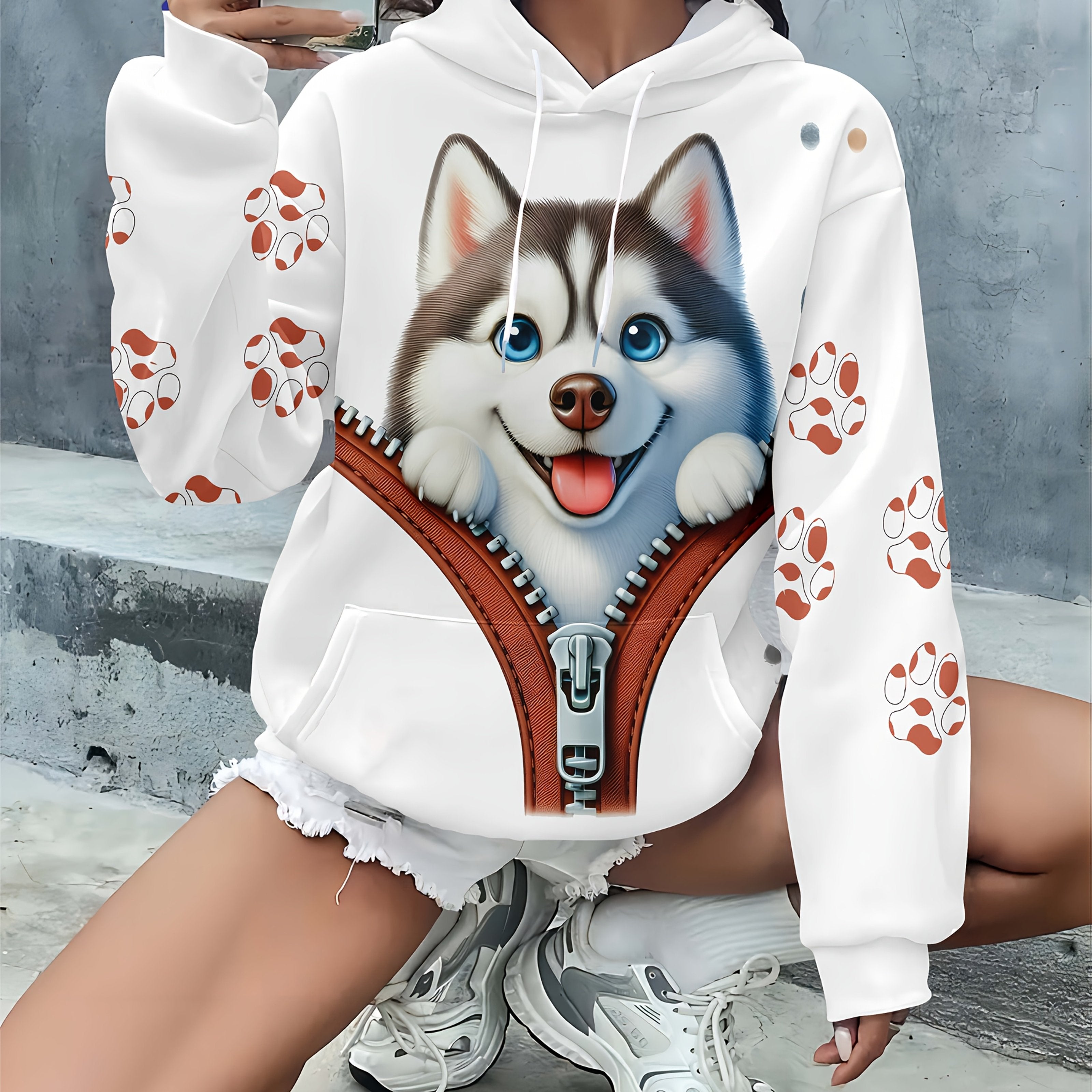 Women’s White Dog Print Hoodie Casual Plus Size Pullover with Drawstring