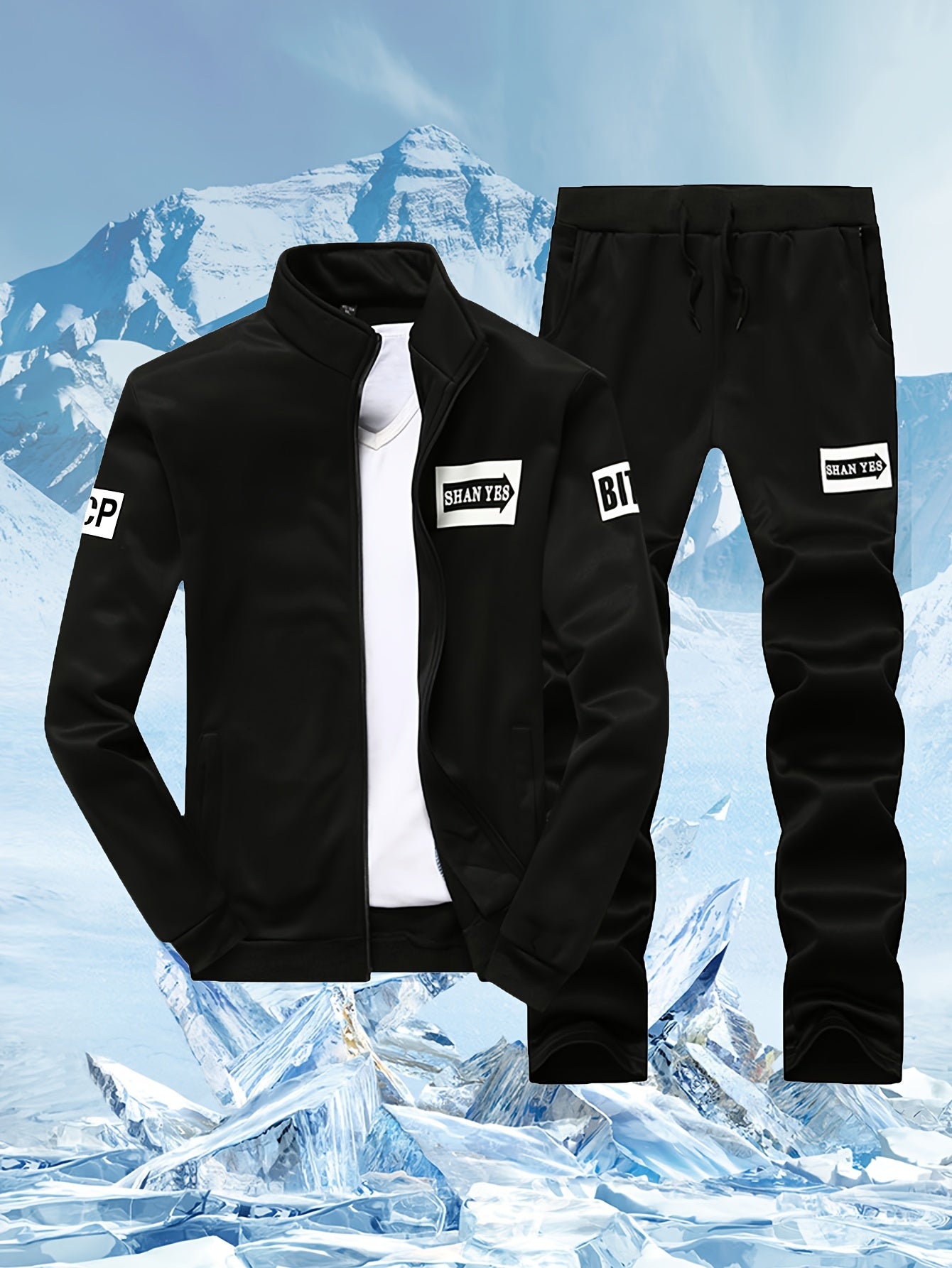 Erkaklar Bahor/Kuz Ko'k Rangli Sport Kostyum To'plami "SPORT" Print bilan, Zip-Up Yengli Kurtka va Joggerlar, 100% Polyesterdan tayyorlangan, Cho'zilmaydigan Matodan, Cho'ntaklar bilan.