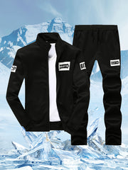 Erkaklar Bahor/Kuz Ko'k Rangli Sport Kostyum To'plami "SPORT" Print bilan, Zip-Up Yengli Kurtka va Joggerlar, 100% Polyesterdan tayyorlangan, Cho'zilmaydigan Matodan, Cho'ntaklar bilan.