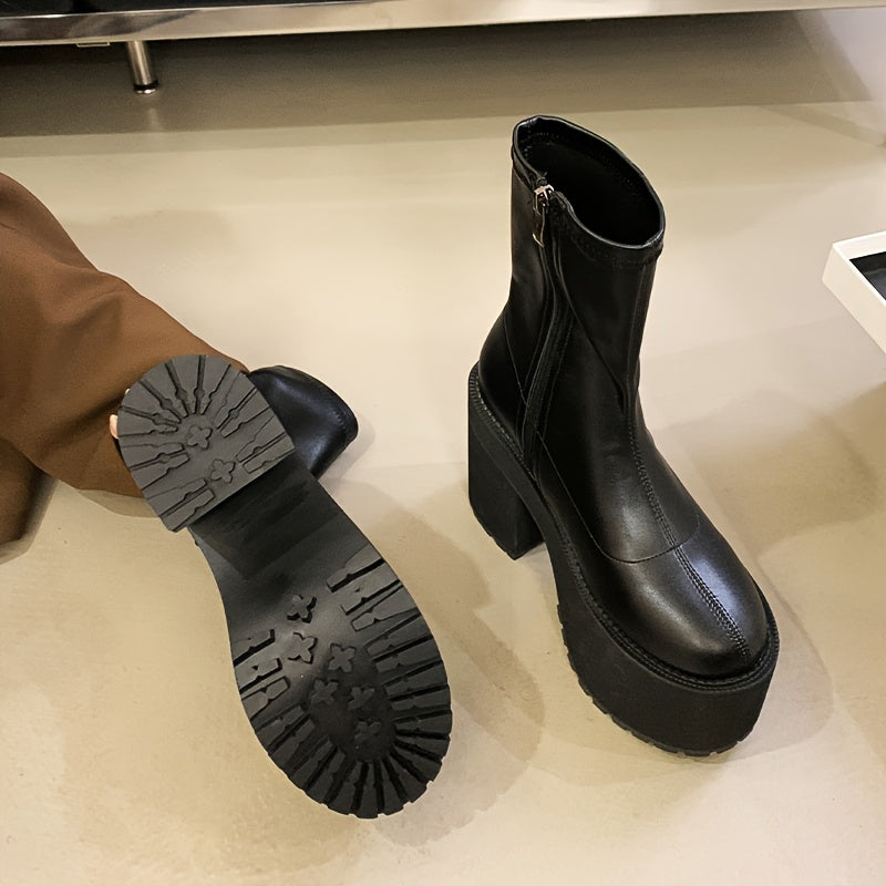 Women's Black Leather Thick Heel Platform Round Toe Boots for Autumn Winter