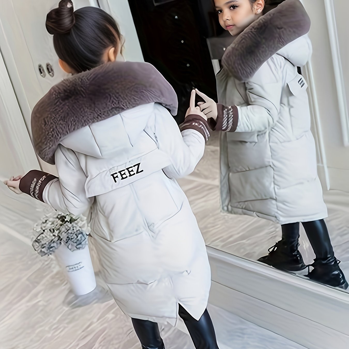 Girls Winter Coat with Faux Fur Hood Polyester Midi Casual Style