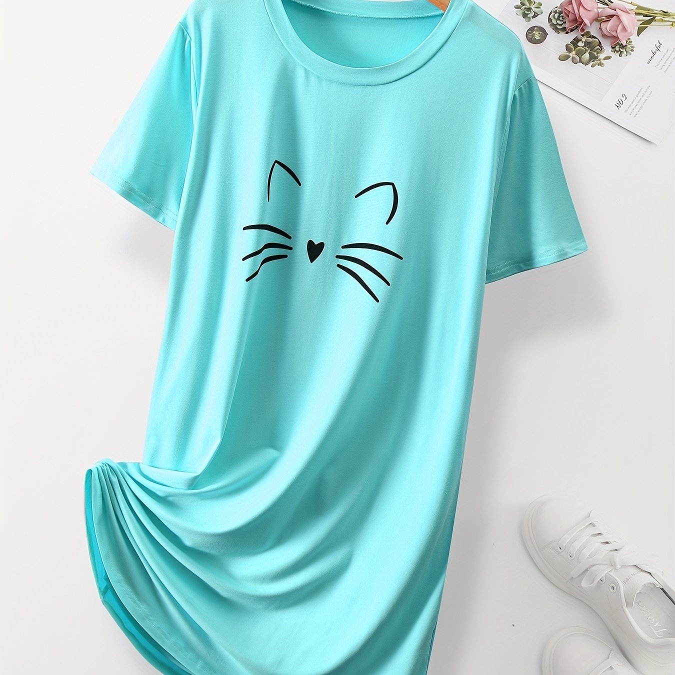 Women's Pink Cat Print Sleep Dress Short Sleeve Nightgown Lounge Wear