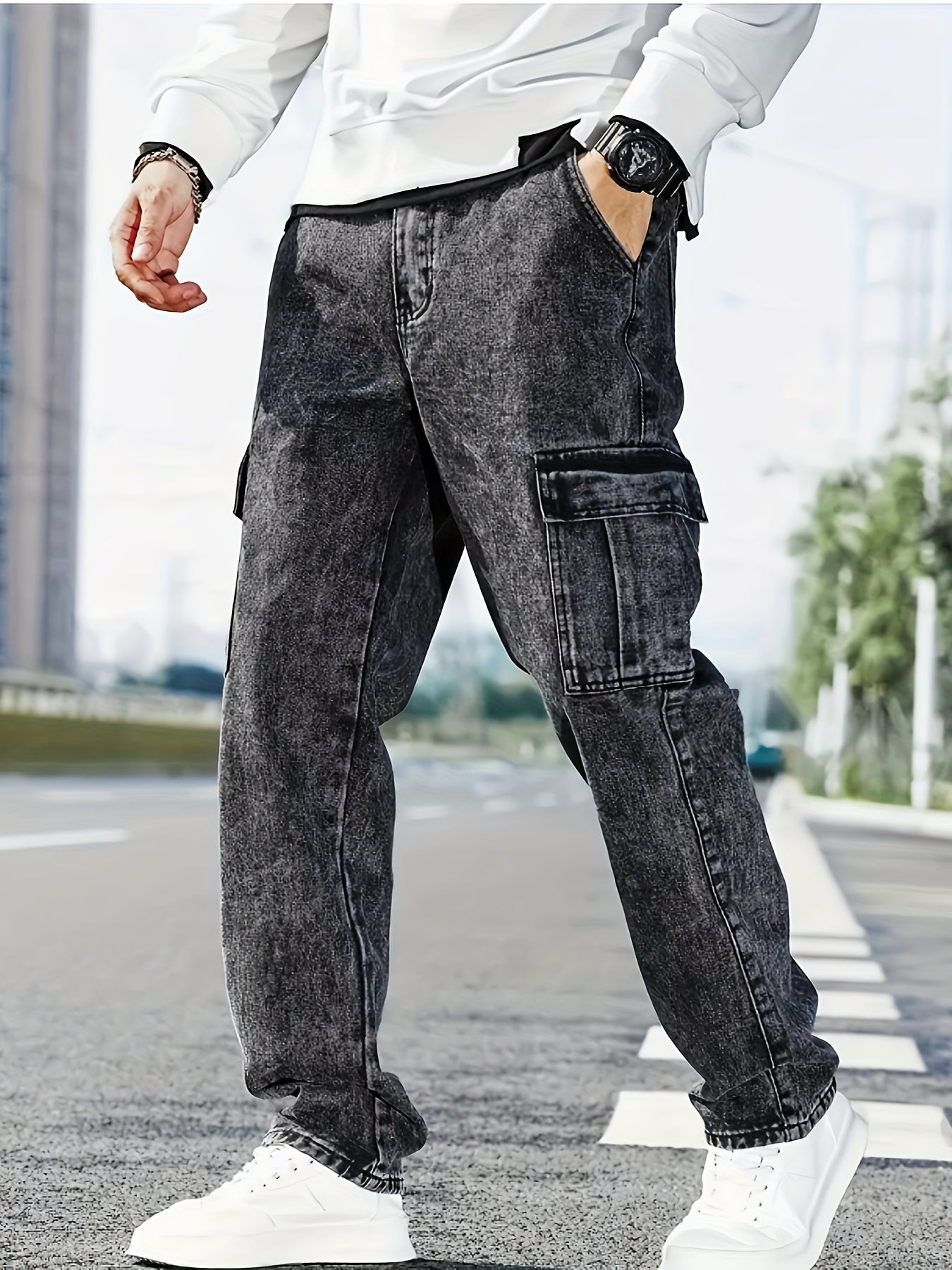 Plus Size Men's Stretch Denim Cargo Jeans with Multiple Pockets Casual All-Season