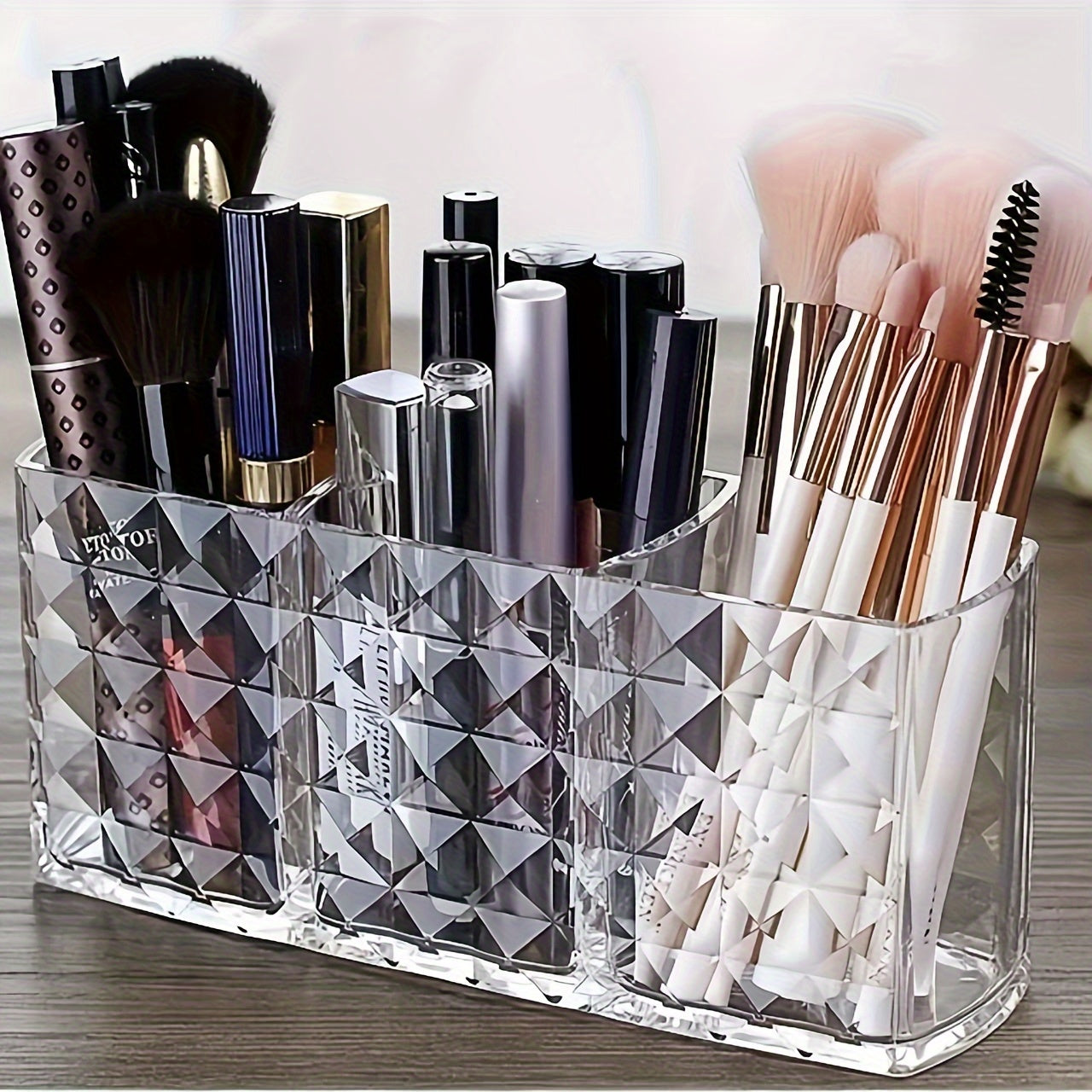 Transparent Makeup Brush Organizer with Geometric Design Large Capacity Multifunctional Storage for Vanity and Bathroom