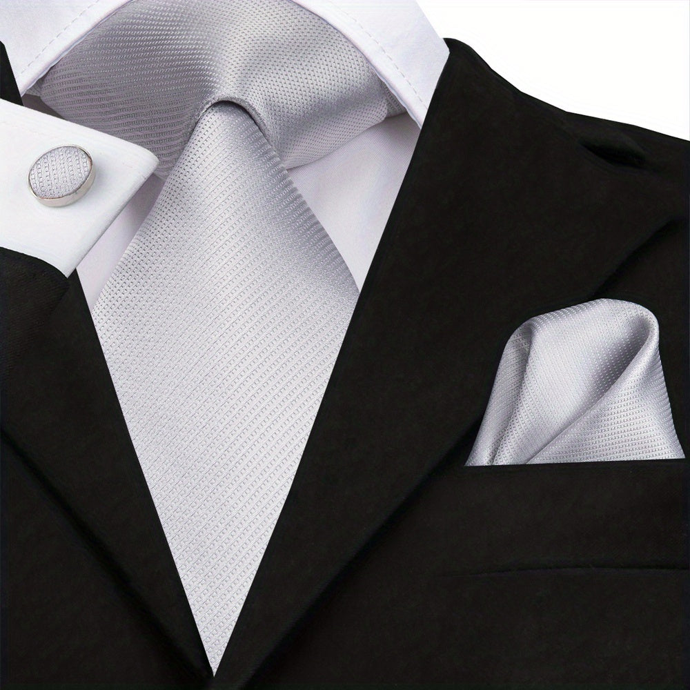 Men's Classic Necktie Set 160cm with Matching Hanky and Cufflinks for Business and Formal Events