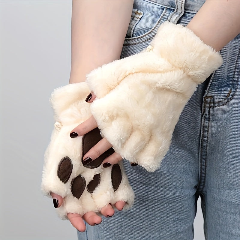 Kawaii Cat Paw Plush Gloves for Women Warm Fleece Half Finger Winter Autumn