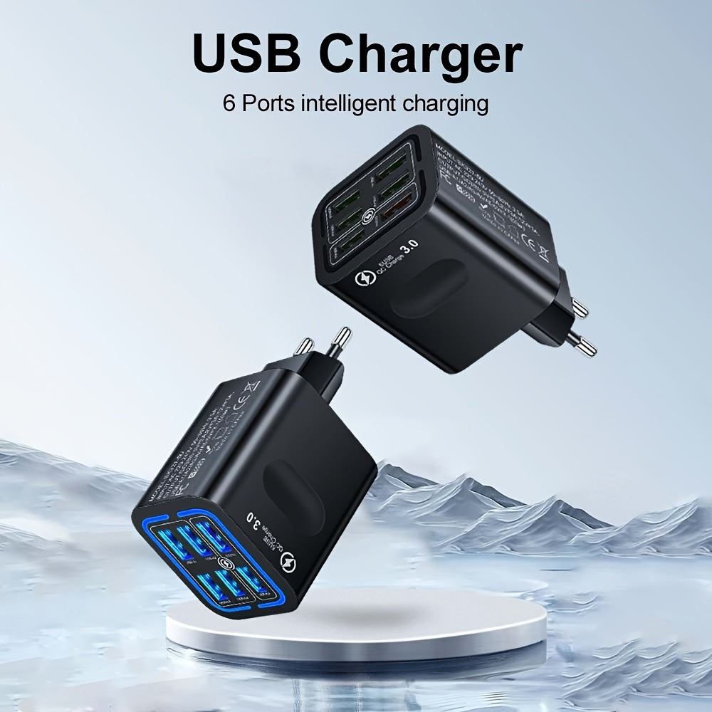 50W tez zaryadlash quvvat adapteri, 6 USB porti va Type C plagin bilan