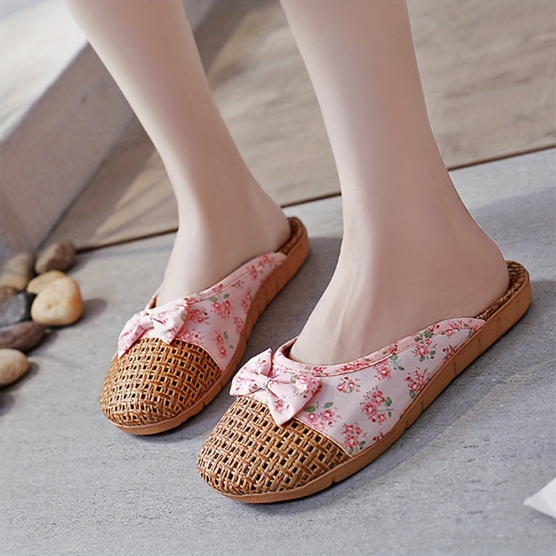 Women's Summer Straw Indoor Slippers Non-Slip Thick Sole Floor Linen