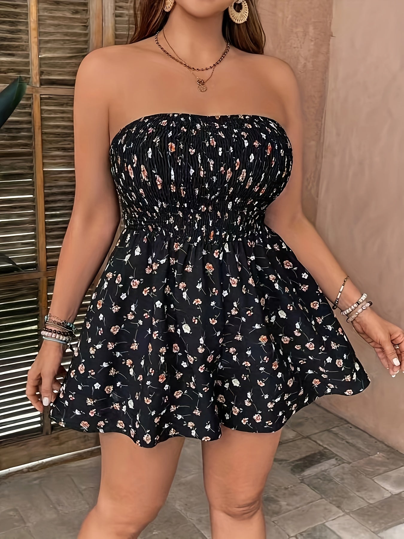 Women's Plus Size Black Floral Sleeveless Jumpsuit Off-Shoulder Casual Summer