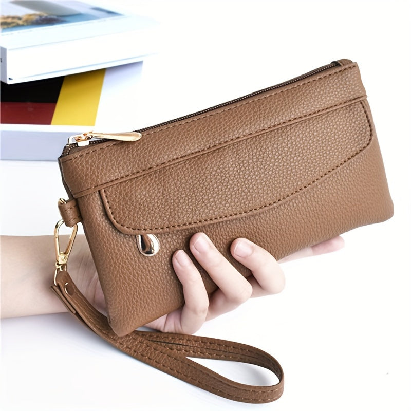 Black Zipper Wristlet Clutch Bag with Multiple Compartments for Women