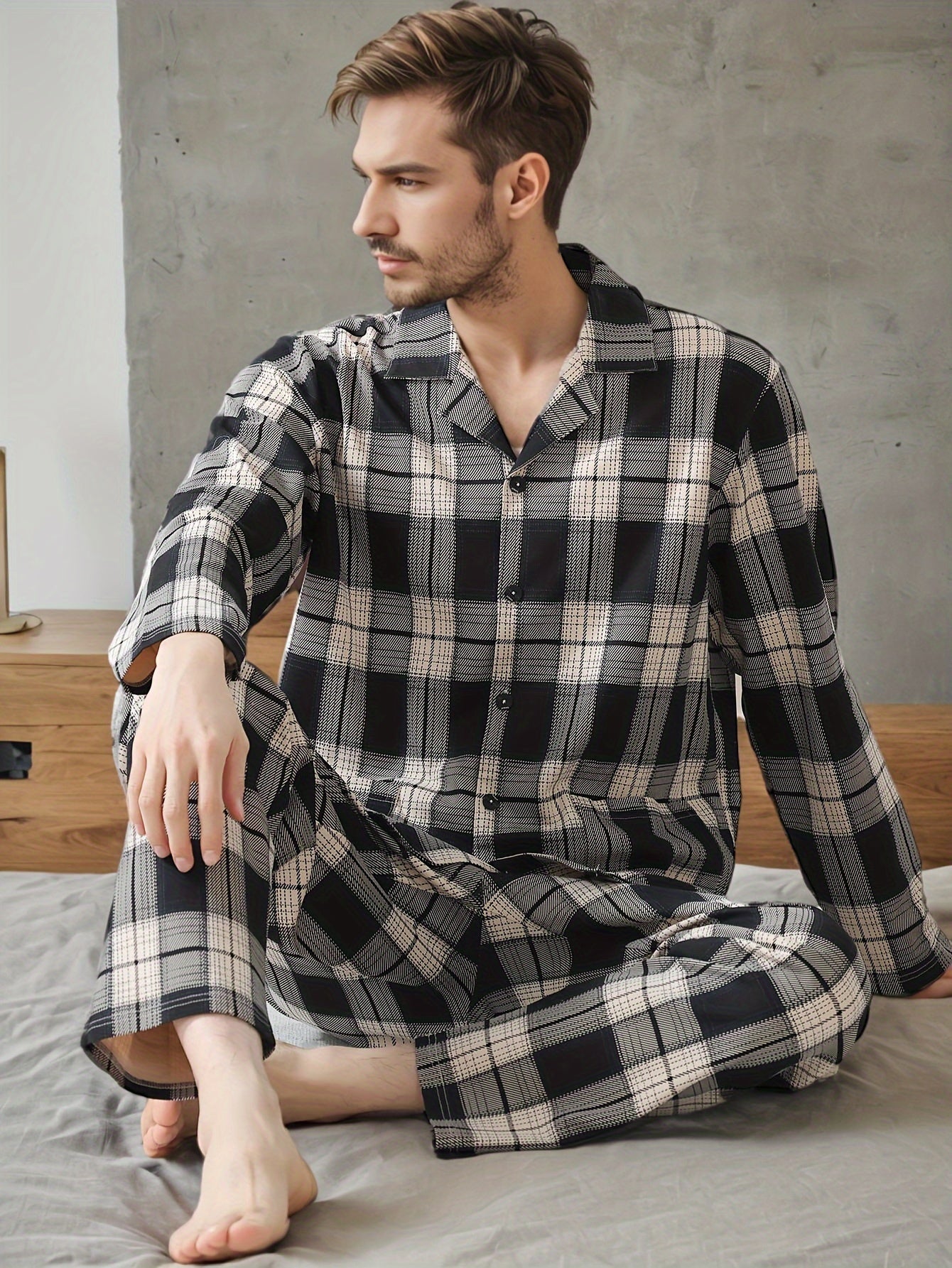 Men's Plaid Pajama Set Long Sleeve Lapel Collar Casual Spring Fall Polyester Elastane