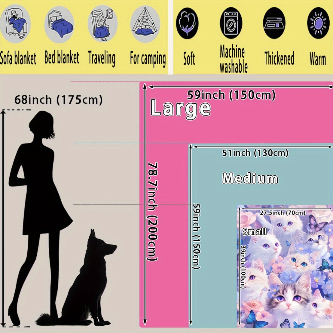 Feline Flannel Fleece Blanket with Cat Flower Butterfly Design Multi-Use Throw for Naptime Camping Travel Office Home