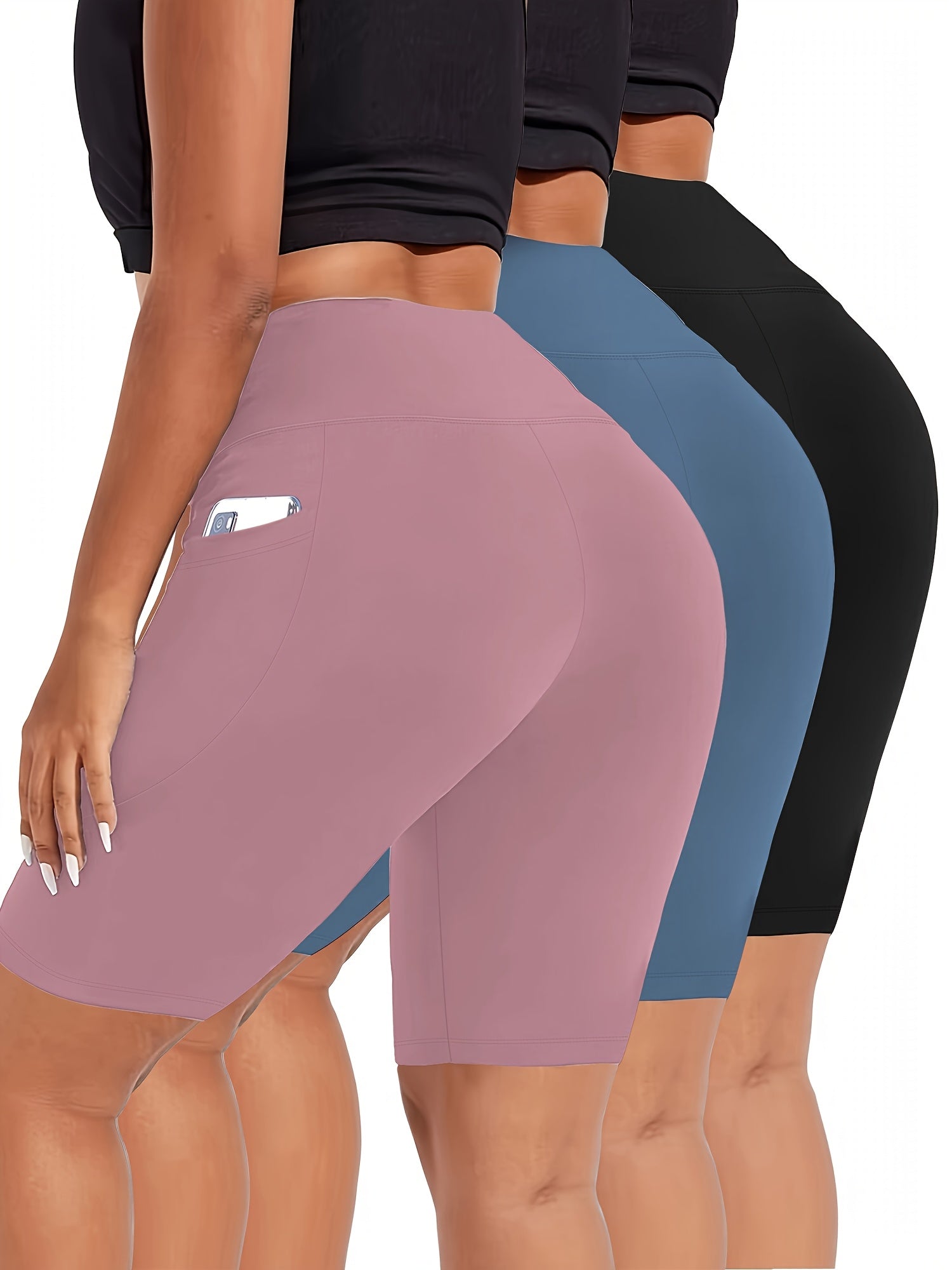 Plus Size High-Waisted Yoga Shorts Set with Pockets and Crescent Design