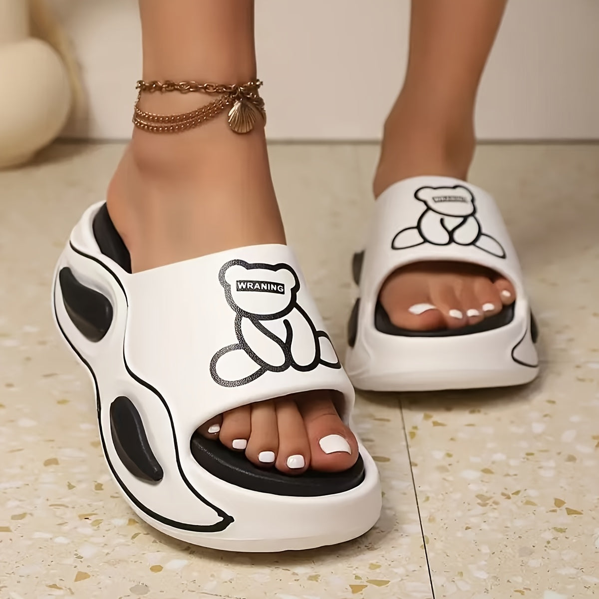 Women's EVA Platform Slides White Black Cute Cartoon Bear Casual Sandals