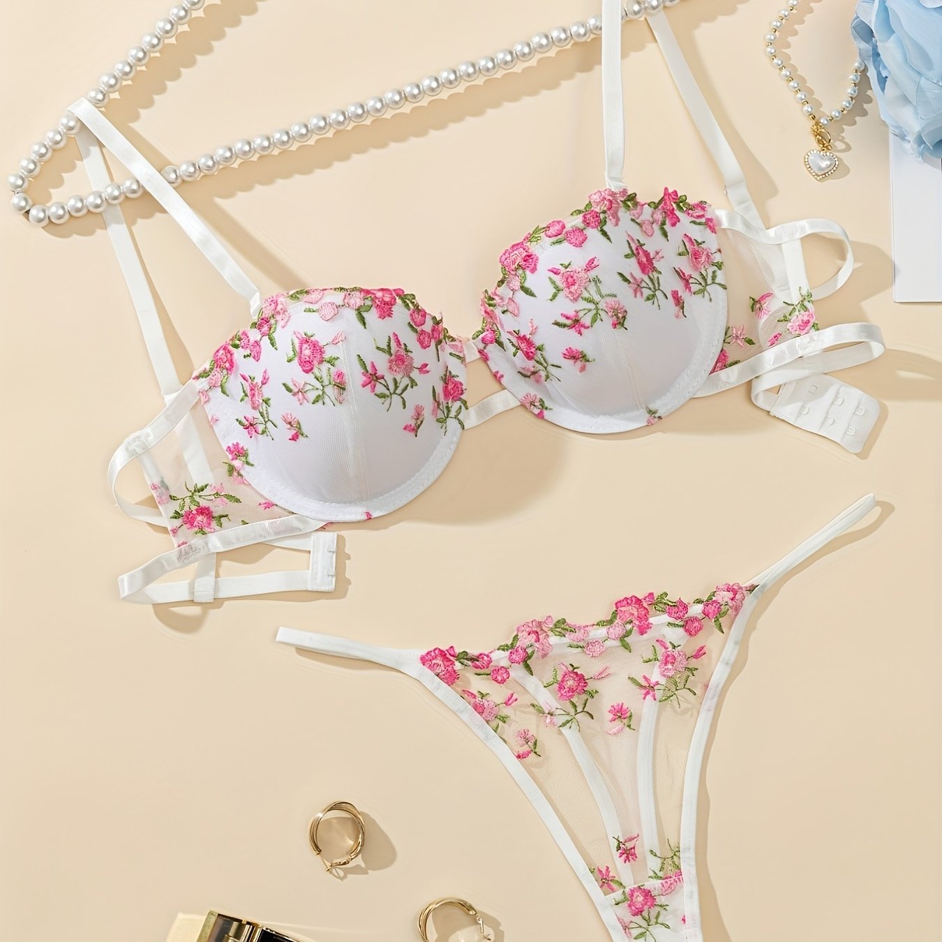 Women's Floral Lingerie Set with Bralette and Thong Low-Rise Support