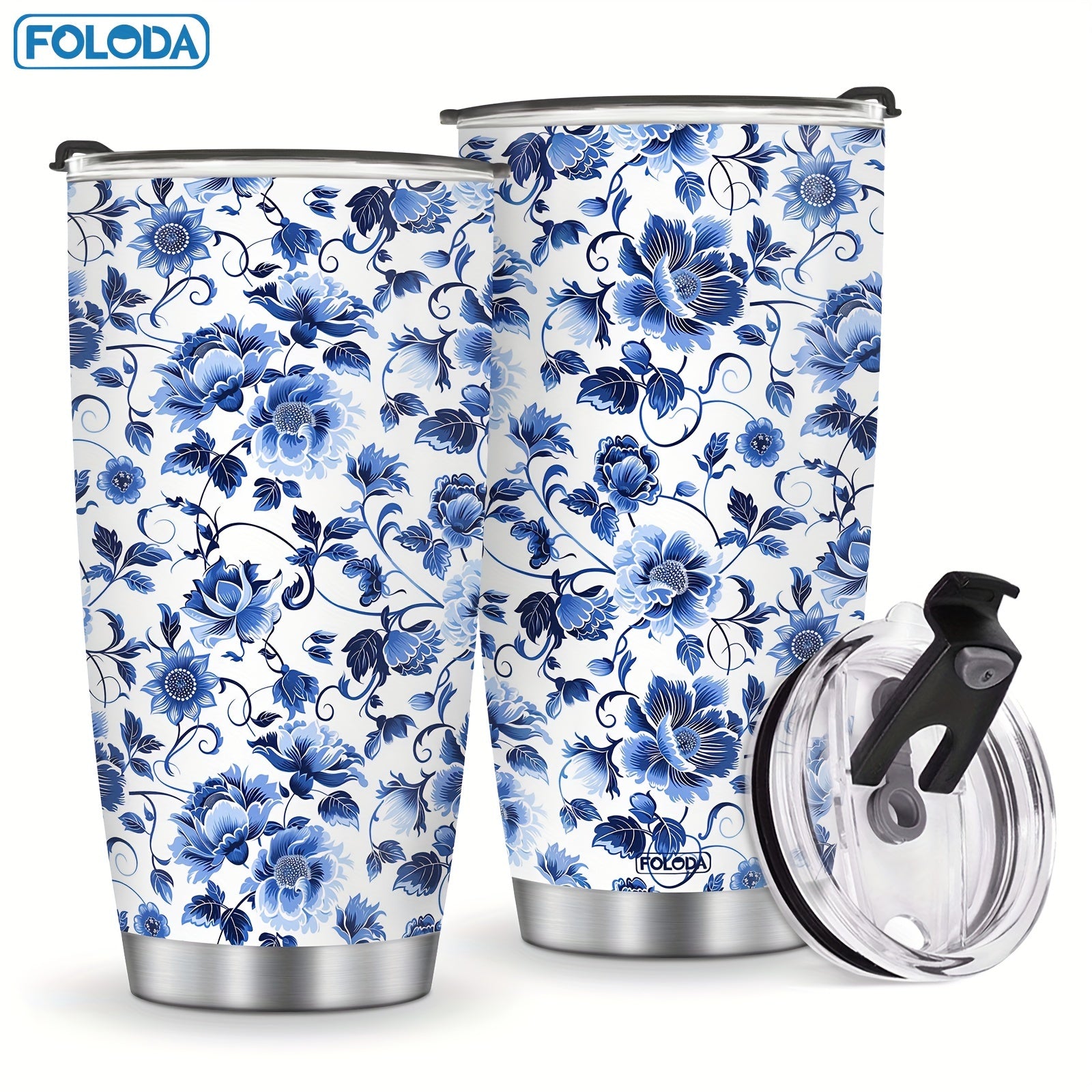20oz Blue Floral Stainless Steel Travel Mug Double Wall Vacuum Insulated with Lid and Straw