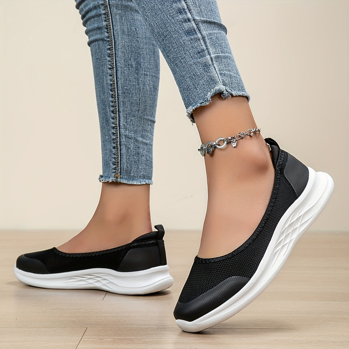 Women's Slip-On Loafers Breathable Mesh Casual Shoes Light Pink White