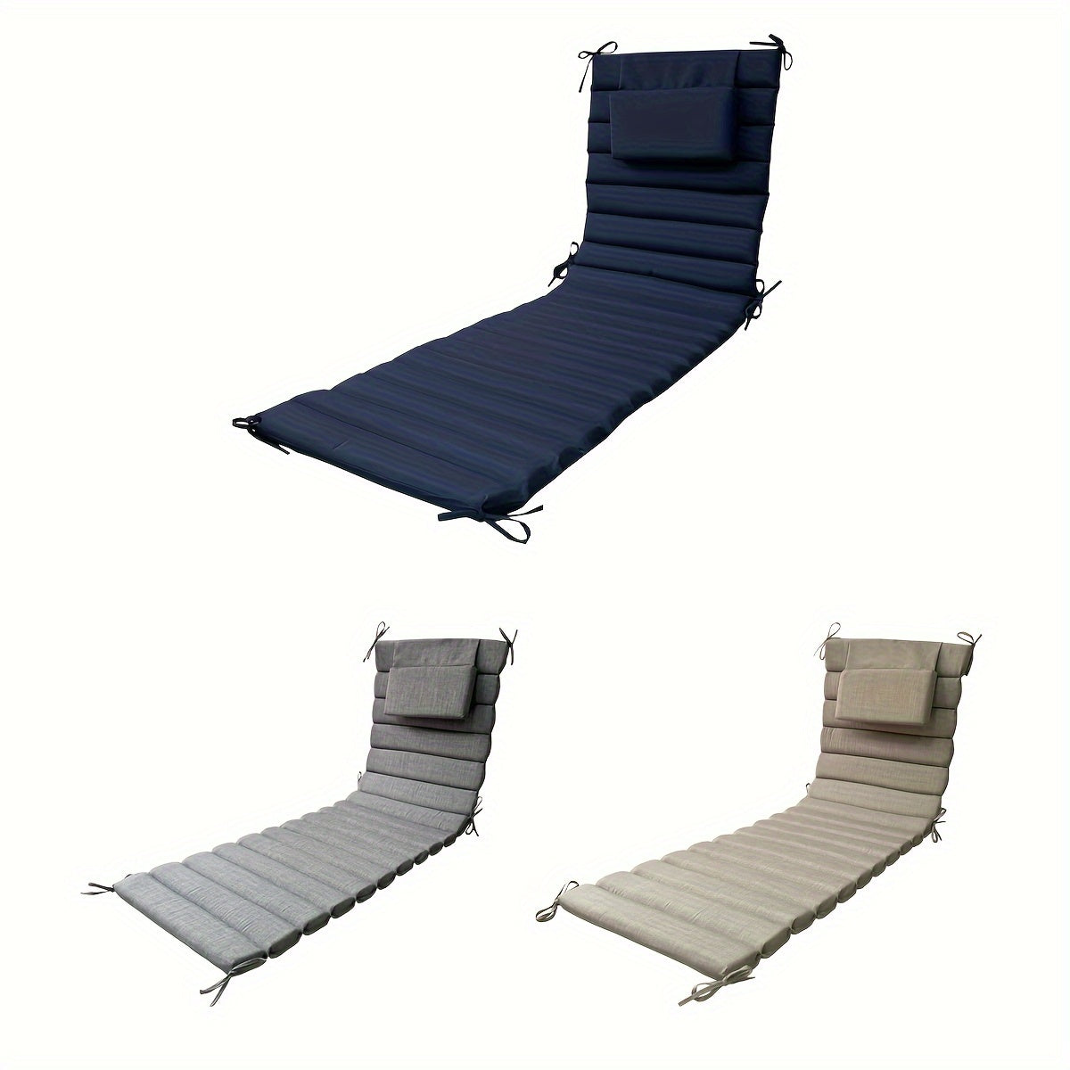 Outdoor Lounge Cushion Dark Blue 182.88cm x 53.34cm with Headrest and Straps for Patio Pool Chairs