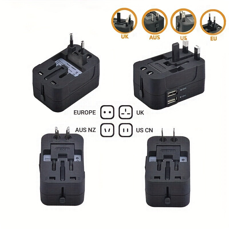 Adaptador de viaje universal negro con USB para EE. UU., UE, Reino Unido, Australia, compatible en todo el mundo, cargador de pared