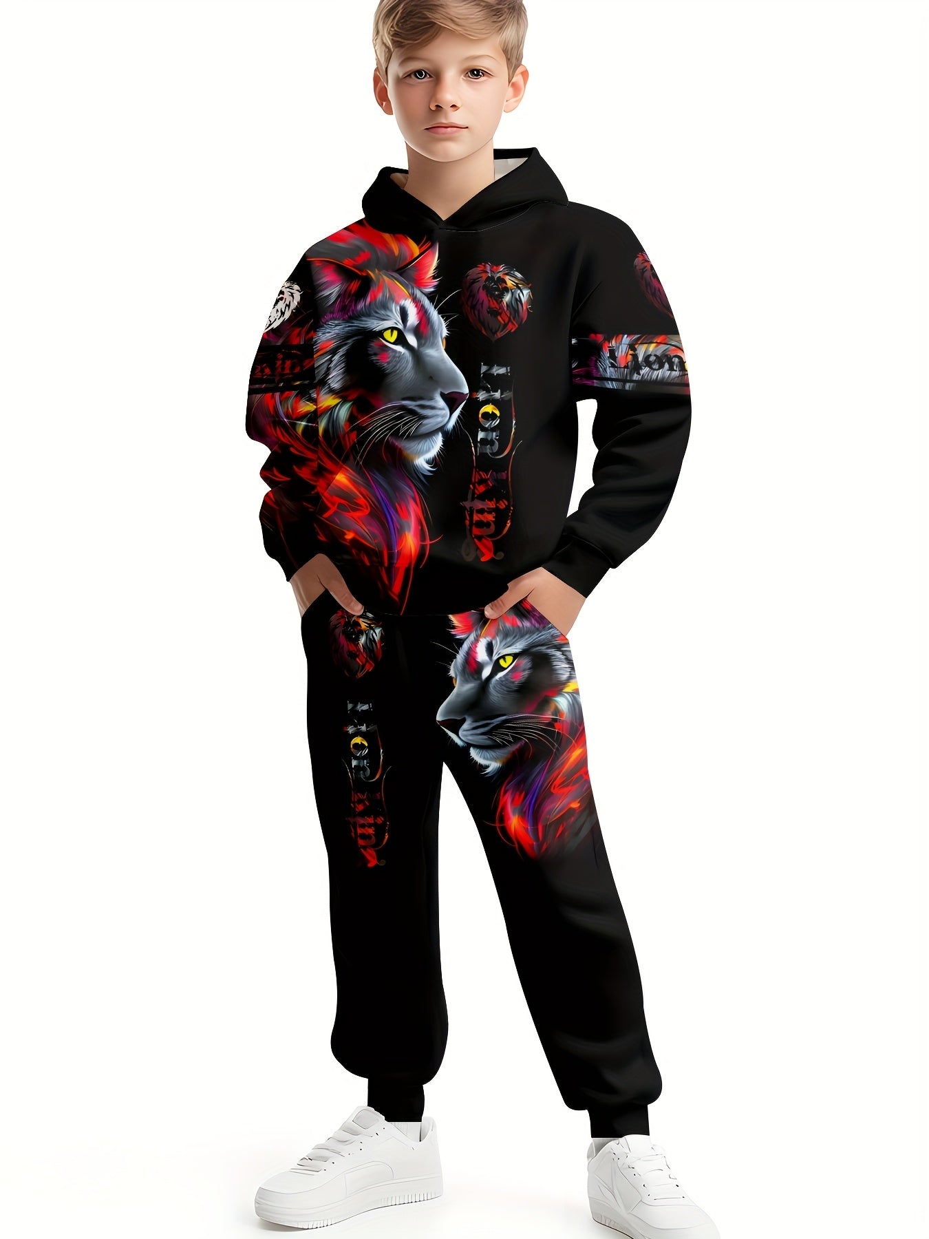 Yigitlar uchun 3D bosma kundalik sport kiyimlari to'plami, polyester to'qilgan kapushonli, oddiy fit, bahor va kuz uchun ochiq havoda