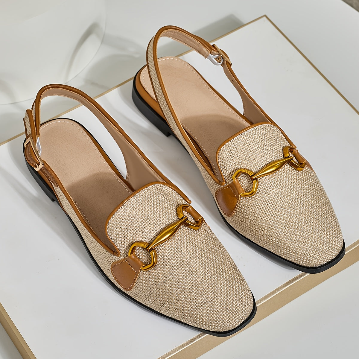 Women's Brown Linen Square Toe Summer Sandals with Metal Buckle