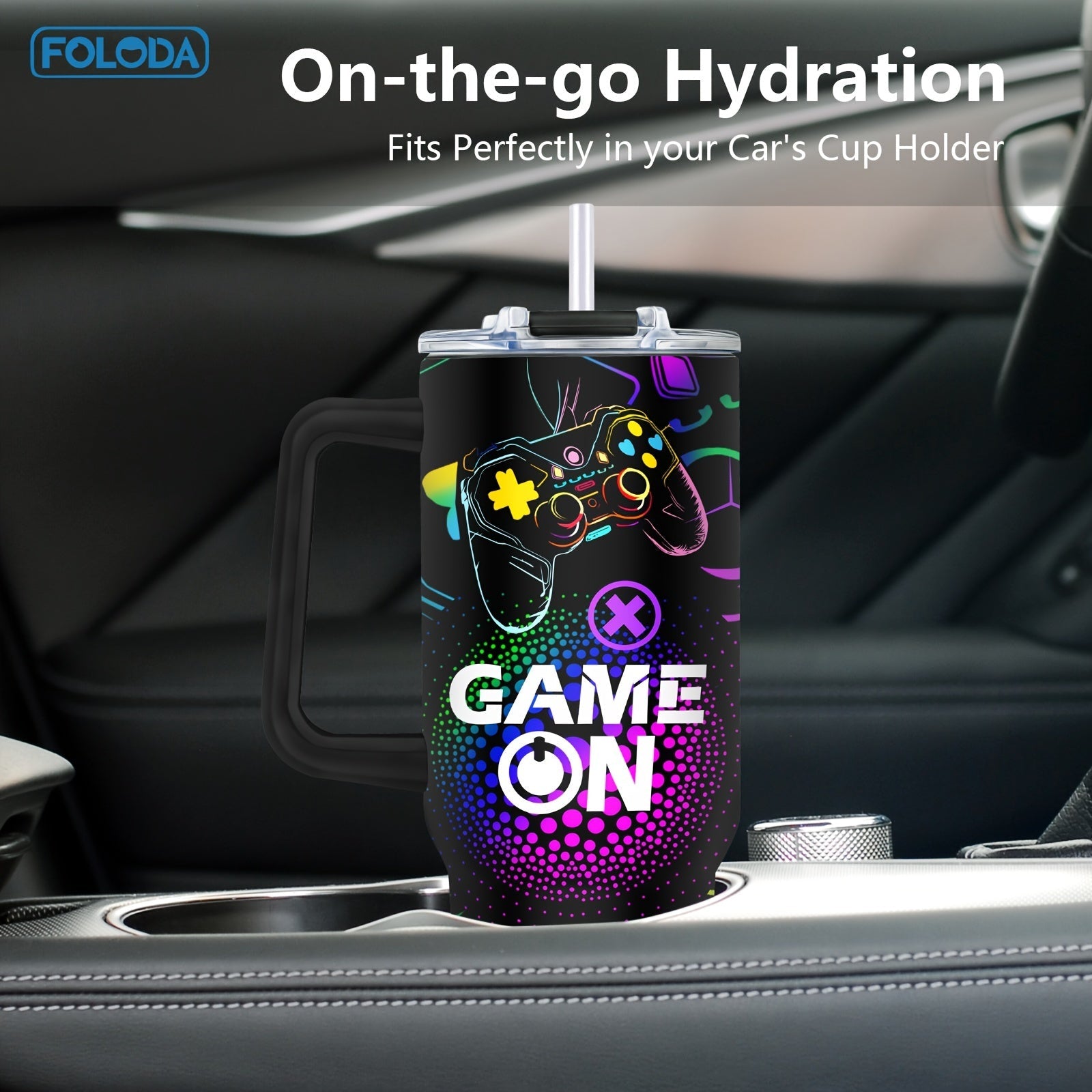 40oz Stainless Steel Tumbler with Gaming Controller Design, Handle, Lid, Straw