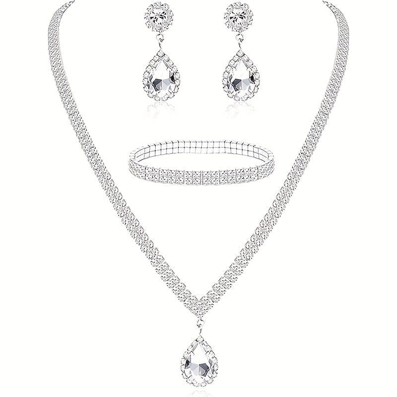 Zarif 4-qismli Zargarlik To'plami, quloq uzuklari, marjon, bilaguzuk va mukammal kechki ziyofat bezaklari va to'y aksessuarlar uchun inlay qilingan rhinestone bilan.